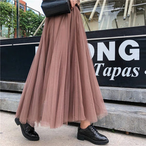 Women’s High Waist Tulle Maxi Skirt with Flowy Pleated Silhouette