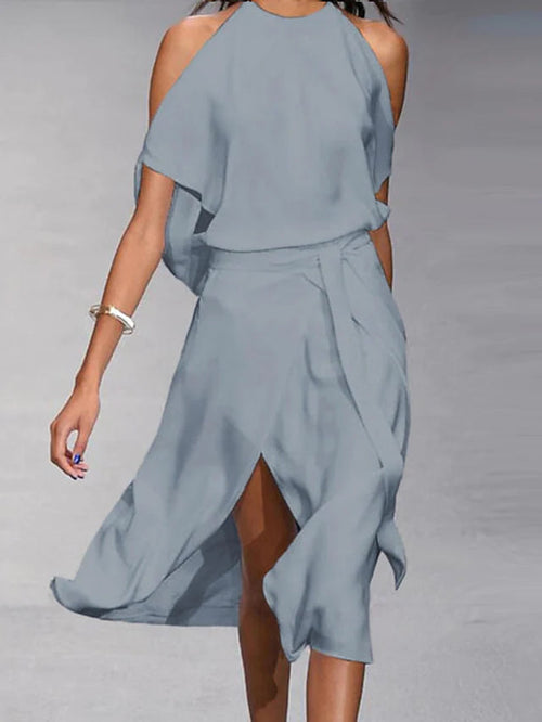 Women’s Halter Neck Midi Dress with Asymmetrical Hem