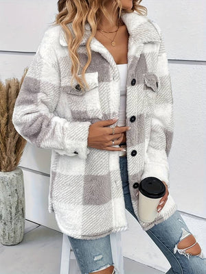 Chaqueta de franela a cuadros para mujer con botones