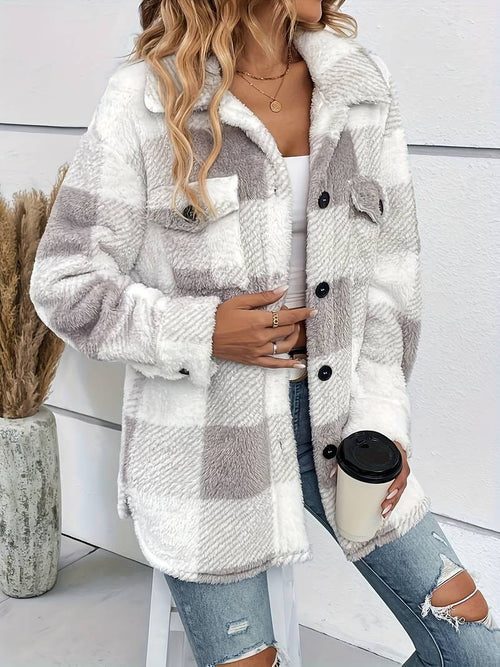 Chaqueta de franela a cuadros para mujer con botones
