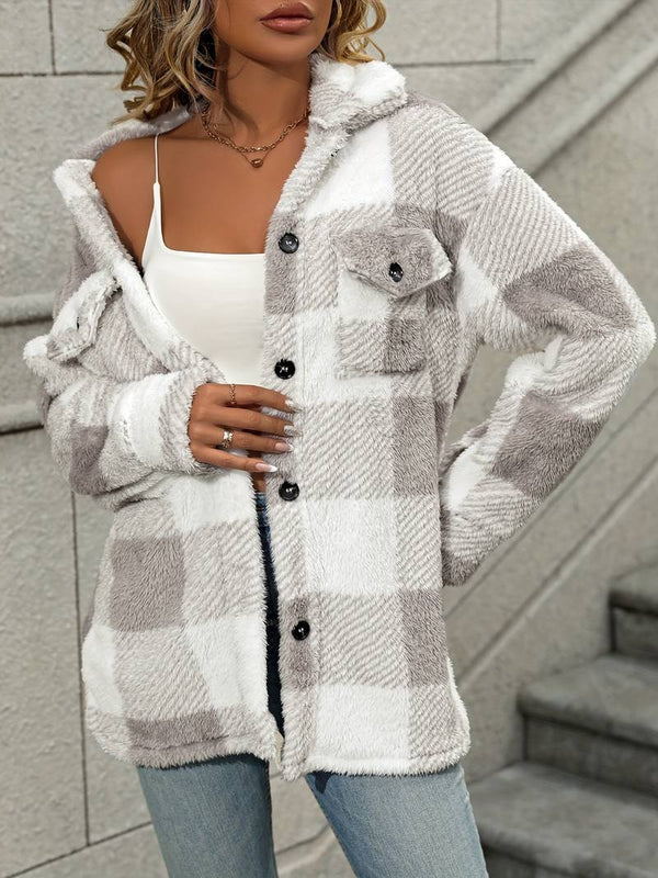 Chaqueta de franela a cuadros para mujer con botones