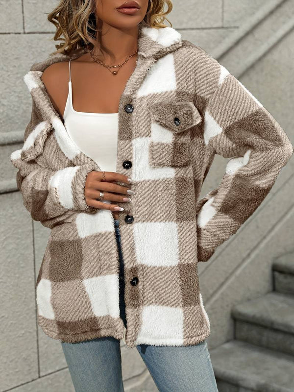 Chaqueta de franela a cuadros para mujer con botones