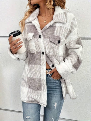 Chaqueta de franela a cuadros para mujer con botones