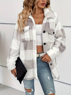 Chaqueta de franela a cuadros para mujer con botones