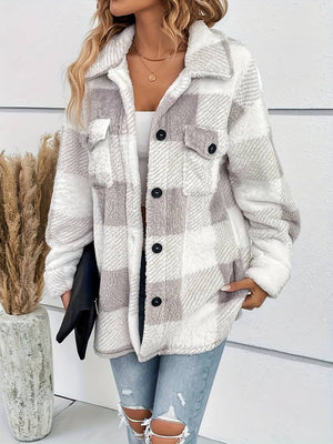 Chaqueta de franela a cuadros para mujer con botones