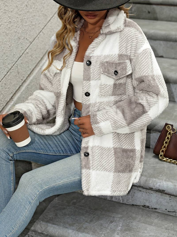 Chaqueta de franela a cuadros para mujer con botones