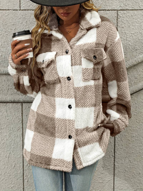 Chaqueta de franela a cuadros para mujer con botones