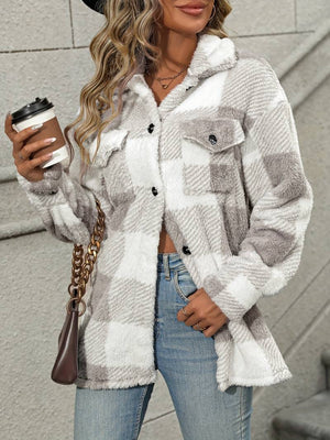 Chaqueta de franela a cuadros para mujer con botones