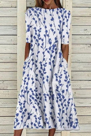 Women's Floral Print Midi Dress with Elegant A-Line Silhouette