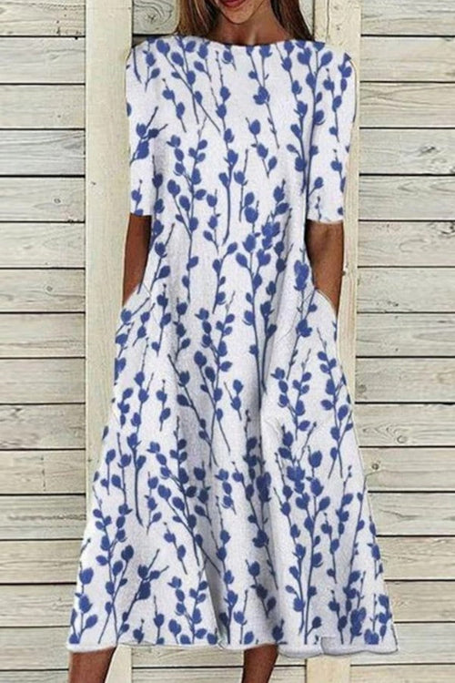 Women's Floral Print Midi Dress with Elegant A-Line Silhouette