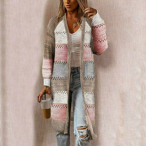 Women's Long Open-Front Striped Cardigan