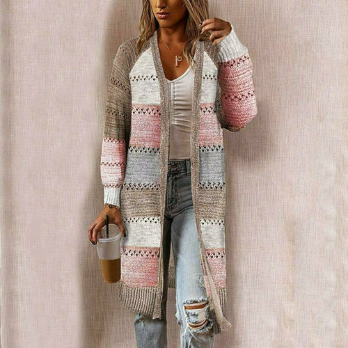 Women's Long Open-Front Striped Cardigan
