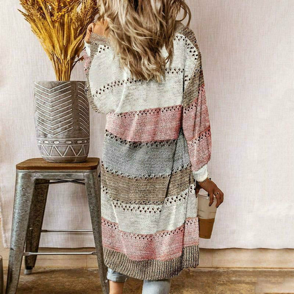 Women's Long Open-Front Striped Cardigan