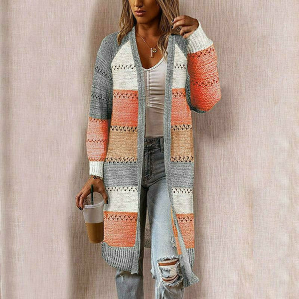 Women's Long Open-Front Striped Cardigan