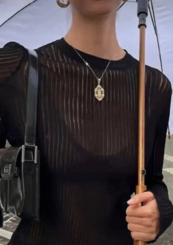Sheer Ribbed Knit Long Sleeve Top for Women