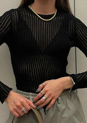 Sheer Ribbed Knit Long Sleeve Top for Women