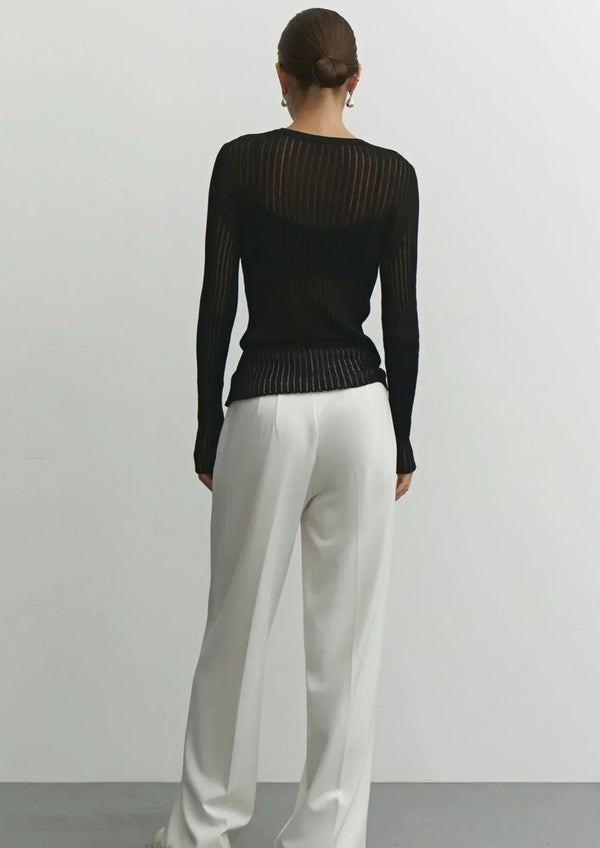 Sheer Ribbed Knit Long Sleeve Top for Women