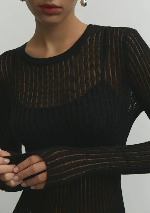 Sheer Ribbed Knit Long Sleeve Top for Women