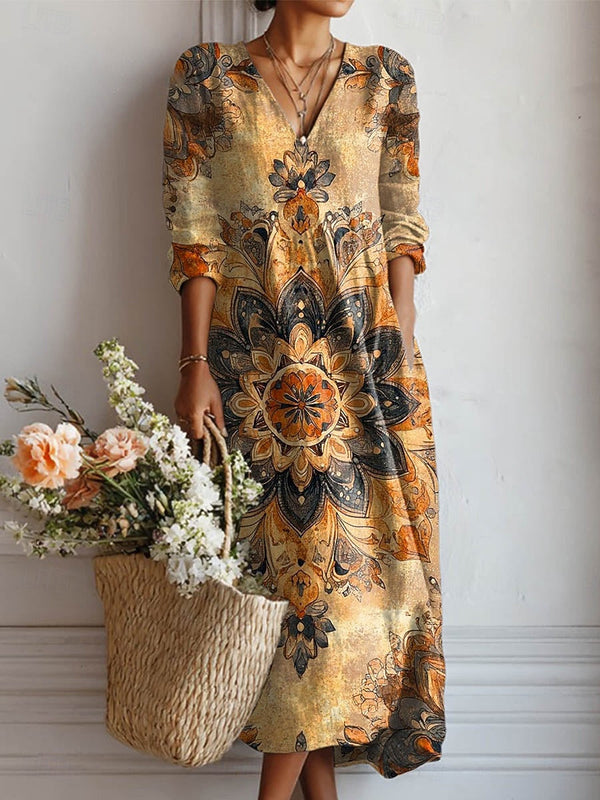 Women’s Floral Print V Neck Boho Midi Dress