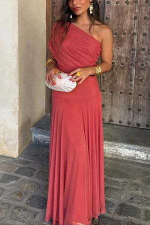 Women's Pleated One-Shoulder Maxi Dress