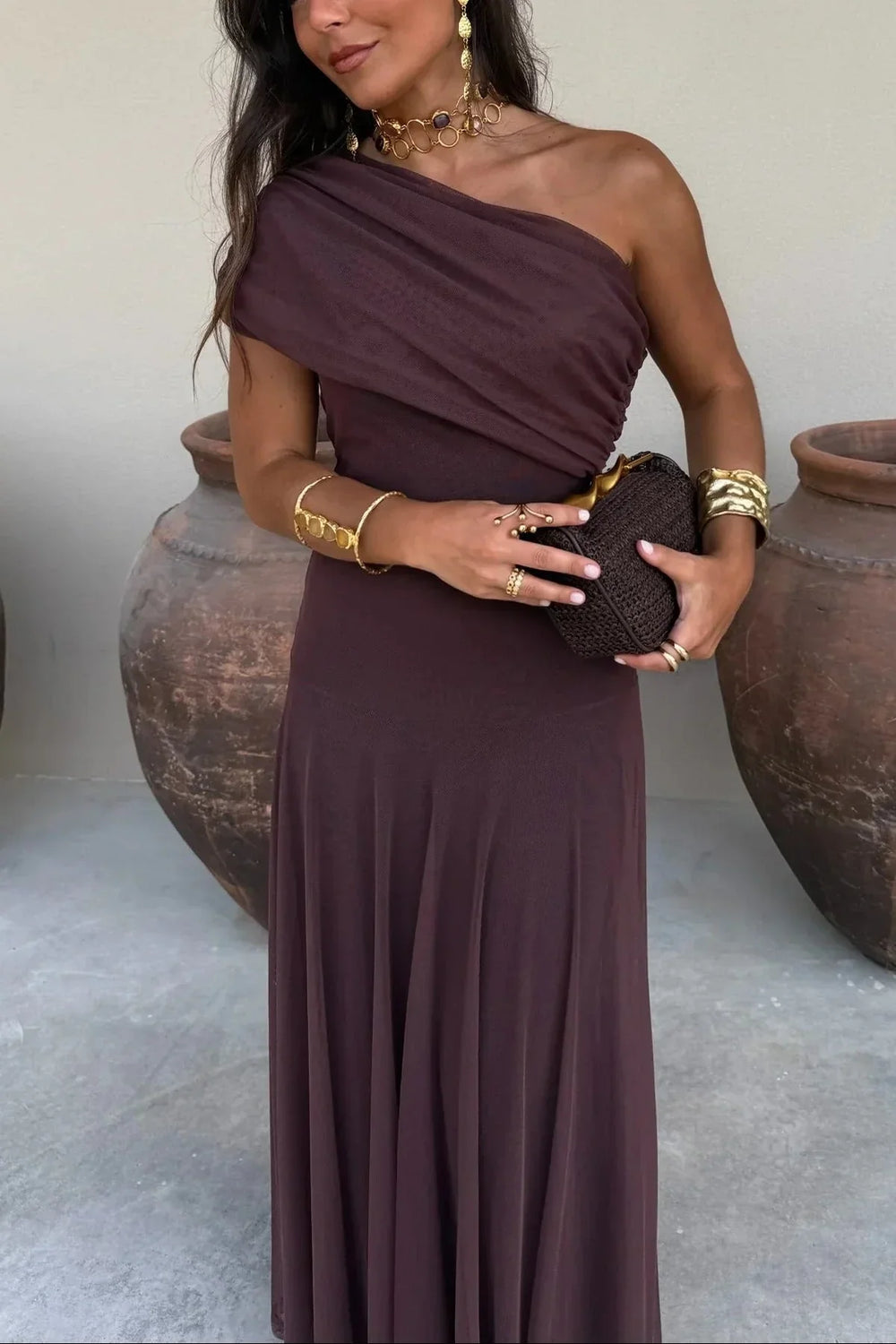 Women's Pleated One-Shoulder Maxi Dress