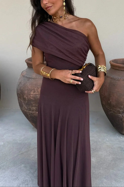 Women's Pleated One-Shoulder Maxi Dress