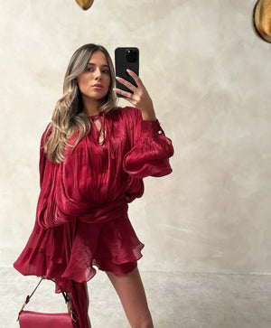 Women's Pleated Mini Dress with Puff Sleeves