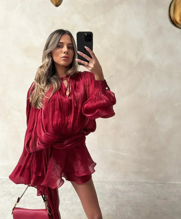 Women's Pleated Mini Dress with Puff Sleeves