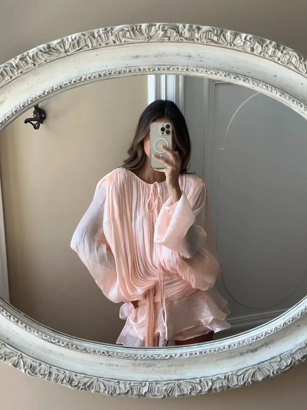 Women's Pleated Mini Dress with Puff Sleeves