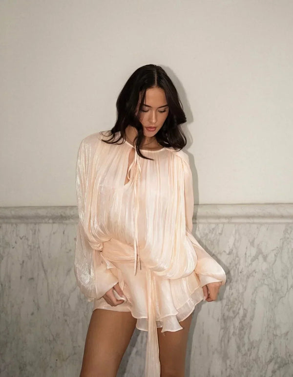 Women's Pleated Mini Dress with Puff Sleeves