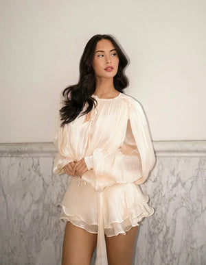 Women's Pleated Mini Dress with Puff Sleeves