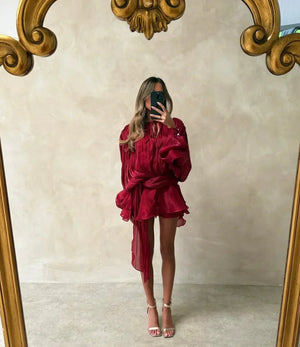 Women's Pleated Mini Dress with Puff Sleeves
