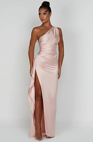Women’s Satin One Shoulder High Slit Maxi Dress