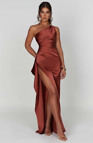 Women’s Satin One Shoulder High Slit Maxi Dress