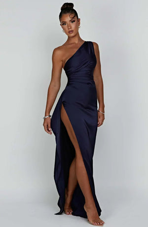 Women’s Satin One Shoulder High Slit Maxi Dress