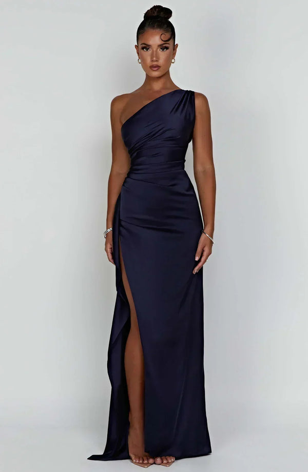 Women’s Satin One Shoulder High Slit Maxi Dress