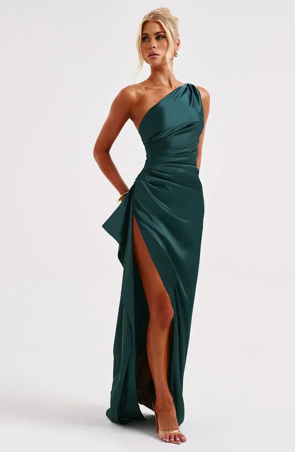 Women’s Satin One Shoulder High Slit Maxi Dress