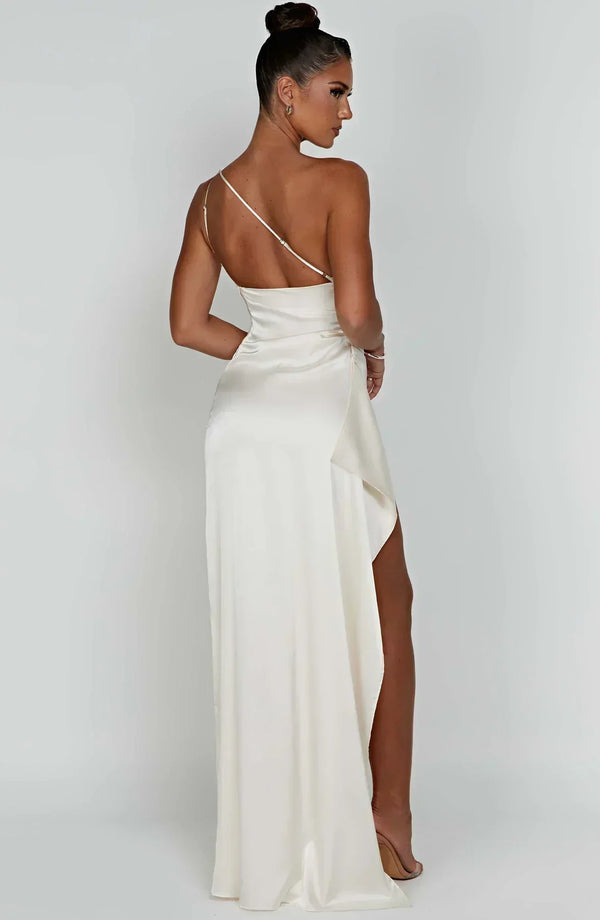 Women’s Satin One Shoulder High Slit Maxi Dress
