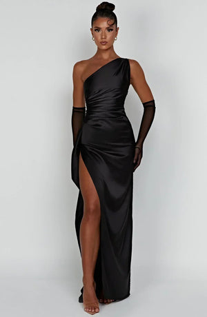 Women’s Satin One Shoulder High Slit Maxi Dress