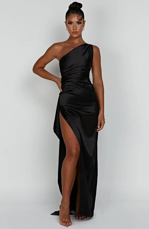 Women’s Satin One Shoulder High Slit Maxi Dress
