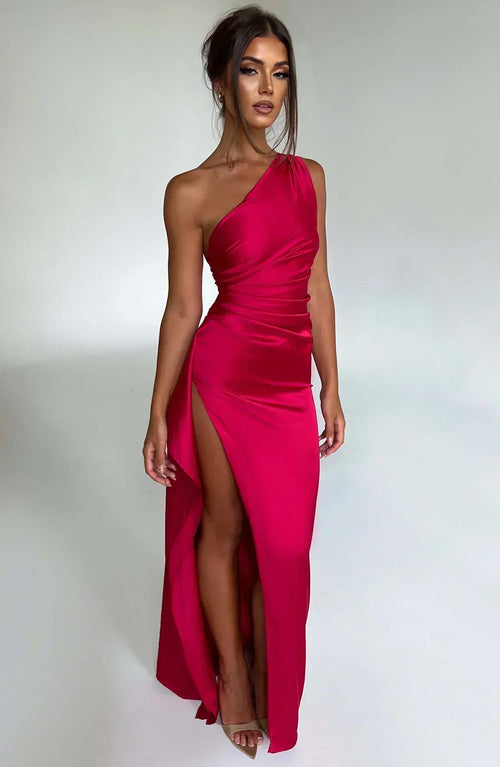 Women’s Satin One Shoulder High Slit Maxi Dress