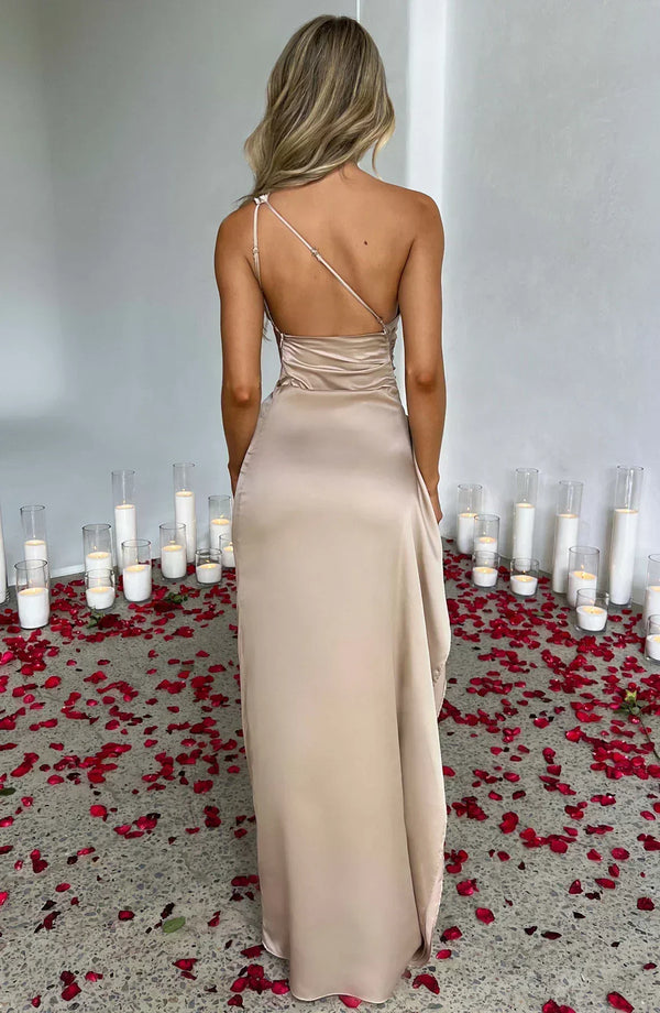 Women’s Satin One Shoulder High Slit Maxi Dress