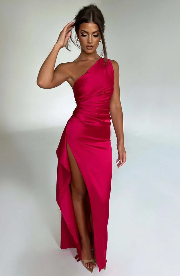 Women’s Satin One Shoulder High Slit Maxi Dress