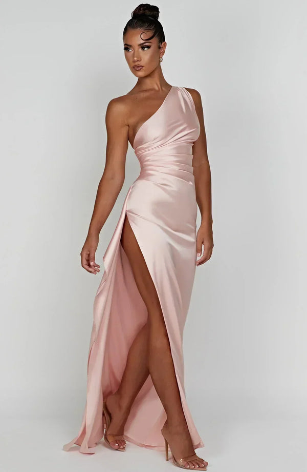 Women’s Satin One Shoulder High Slit Maxi Dress