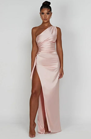 Women’s Satin One Shoulder High Slit Maxi Dress