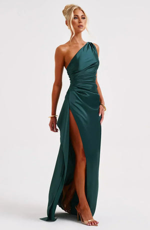 Women’s Satin One Shoulder High Slit Maxi Dress