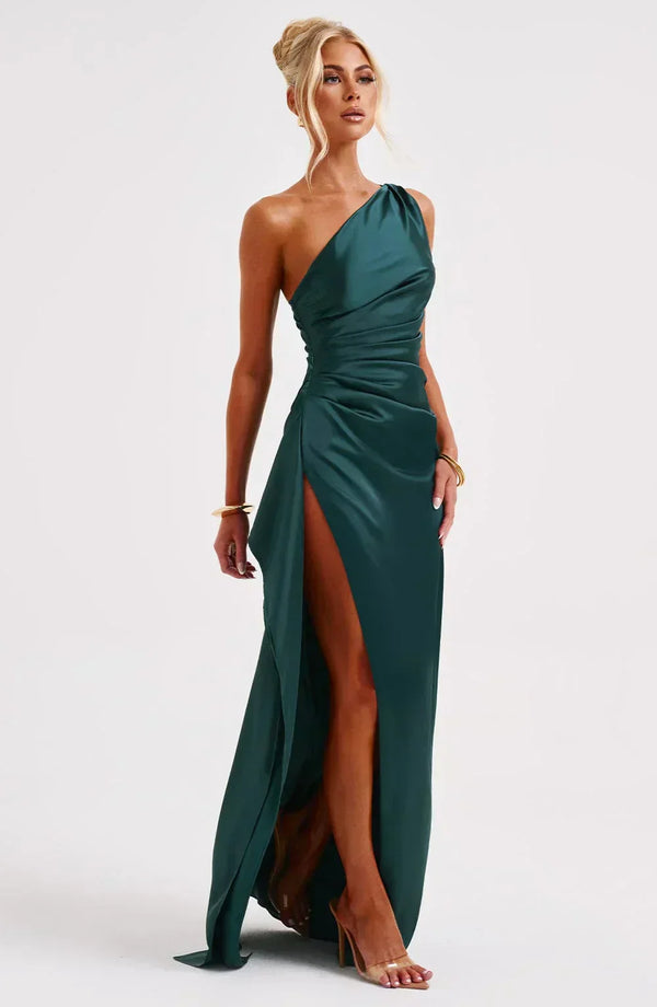 Women’s Satin One Shoulder High Slit Maxi Dress