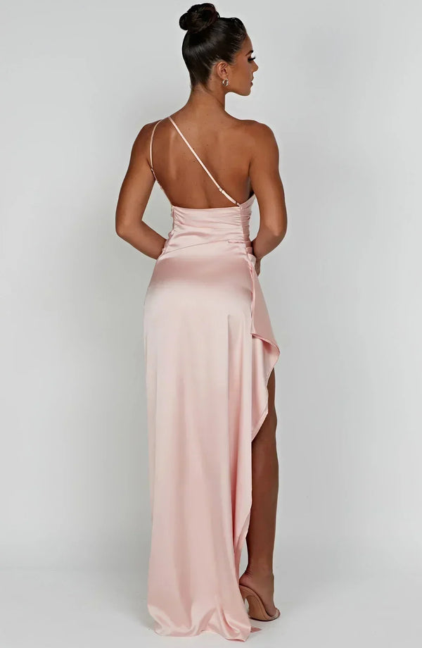 Women’s Satin One Shoulder High Slit Maxi Dress