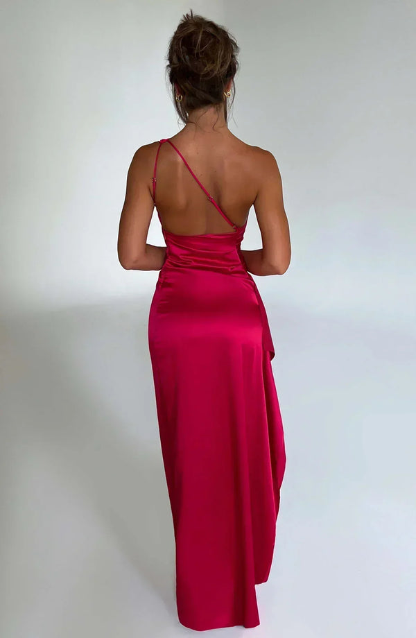 Women’s Satin One Shoulder High Slit Maxi Dress