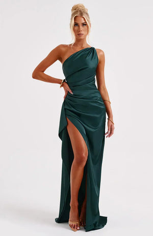 Women’s Satin One Shoulder High Slit Maxi Dress